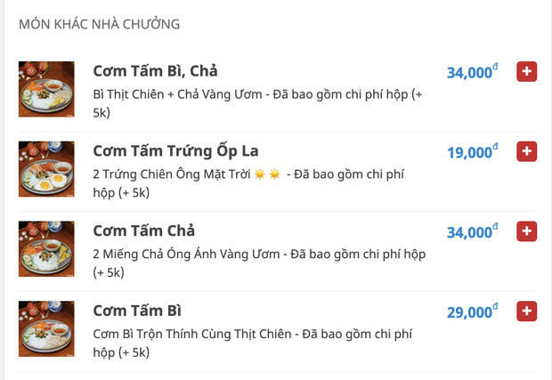 Menu tại quán Sà bì chưởng