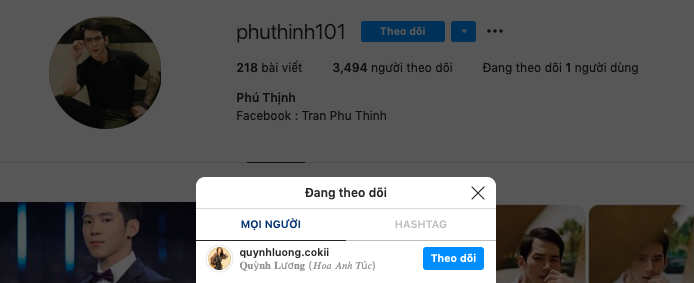 Phú Thịnh chỉ theo dõi mỗi Quỳnh Lương trên Instagram.