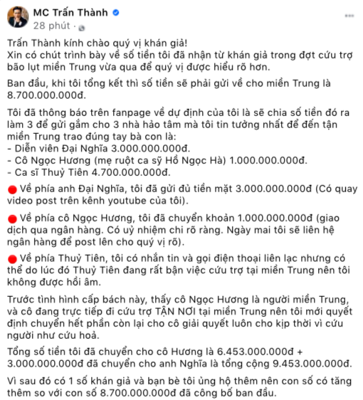 MC Trấn Thành lên tiếng về tiền cứu trợ miền Trung: Vì không liên hệ được với Thuỷ Tiên nên đã chuyển cho mẹ Hồ Ngọc Hà