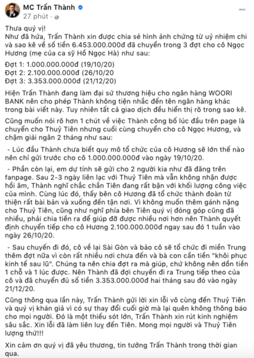 MC Trần Thành xin lỗi ca sĩ Thuỷ Tiên và khán giả vì thay đổi kế hoạch chuyển tiền phút cuối mà quên thông báo
