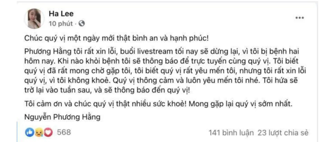 Xôn xao thông tin bà Phương Hẳng huỷ livestream chiều nay vì lý do sức khoẻ?