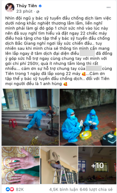 Ca sĩ Thuỷ Tiên thông báo lắp đặt máy điều hoa cho khu nghỉ ngơi của y bác sĩ tại Bắc Giang