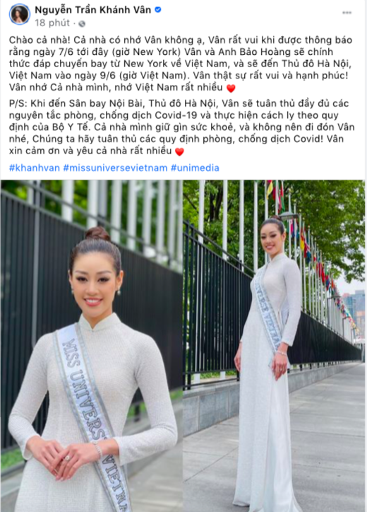 Thông báo chuẩn bị về nước của Hoa hậu Khánh Vân