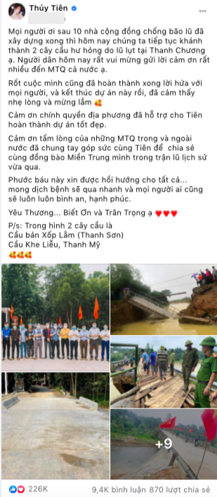 Thuỷ Tiên chính thức kết thúc hỗ trợ miền Trung sau khi khánh thành 2 cây cầu tại Nghệ An