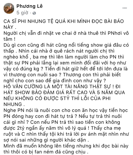 Hoa hậu Phương Lê: Hồ Văn Cường đi hát 5 năm không có nổi 5 tỷ là lỗi của Phi Nhung
