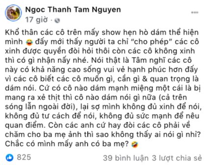Chia sẻ của Ngọc Thanh Tâm về vụ việc trên show hẹn hò của Đoan Minh gây chú ý.