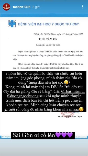 Tóc Tiên bán túi hiệu để dùng tiền mua máy thở ủng hộ Sài Gòn chống dịch