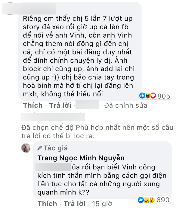 Đa số đều khuyên Lương Minh Trang không nên đăng quá nhiều lên mạng xã hội. Nữ ca sĩ hé lộ bị Vinh Râu công kích tinh thần bằng việc gọi điện liên tục cho người thân xung quanh.