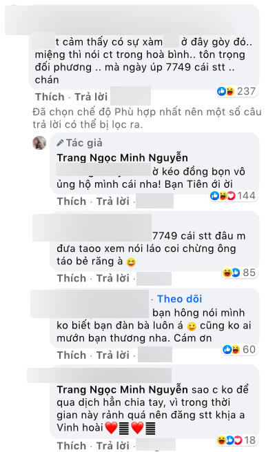 Cư dân mạng cho rằng Lương Minh Trang không nên một ngày đăng '7749' status lên mạng xã hội. Thậm chí có người còn hỏi nữ ca sĩ sao không để qua dịch rồi chia tay