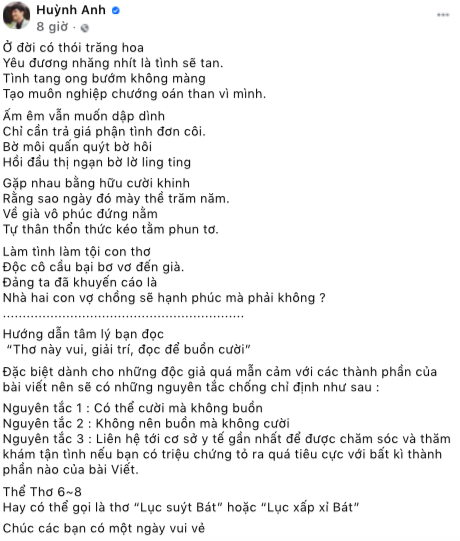 Huỳnh Anh bị cho làm thơ cà khịa bê bối tình ái của Jack, màn đối đáp ra sao khiến ai cũng chú ý? Bài thơ về chuyện lăng nhăng, đào hoa của đàn ông được Huỳnh Anh chia sẻ kèm 'hướng dẫn' đọc sao cho vui vẻ, giải trí không 'quạo'