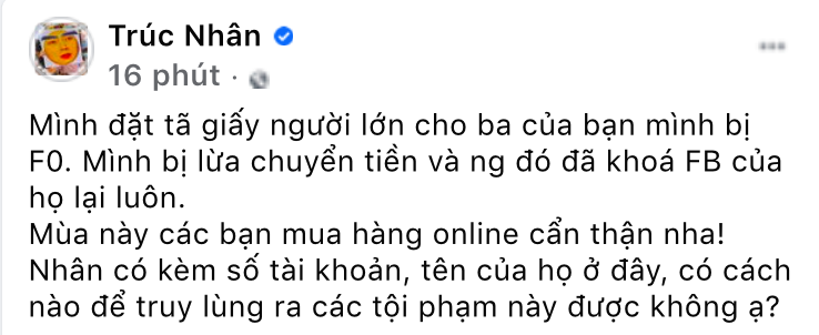 Ca sĩ Trúc Nhân bị lừa đảo khi mua đồ online hỗ trợ cho bệnh nhân F0 - ảnh 1