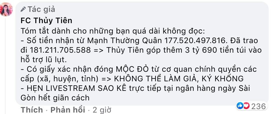 FC Thuỷ Tiên lên tiếng về số tiền từ thiện miền Trung cuối năm 2020