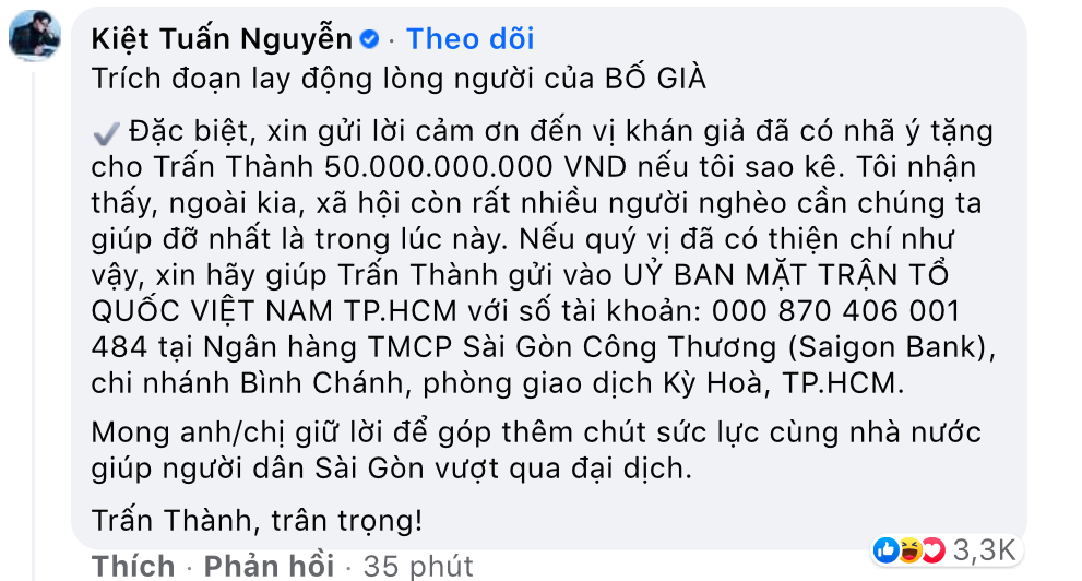Stylist Kye Nguyễn trích lại một đoạn anh ấn tượng trong bài đăng của MC Trấn Thành