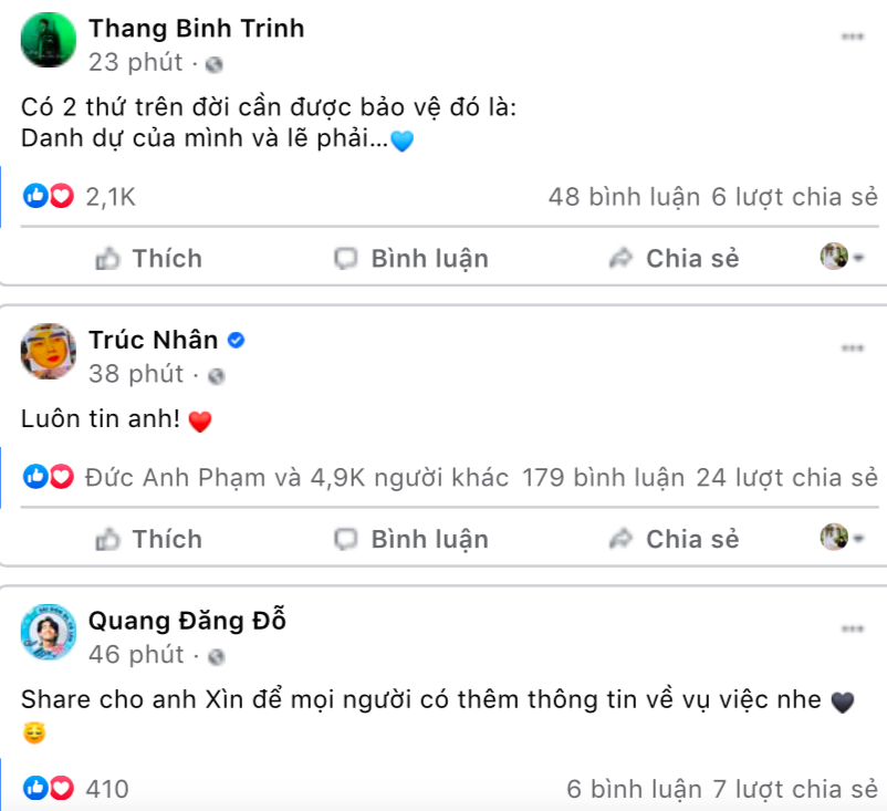 Ca sĩ Trịnh Thăng Bình, Trúc Nhân là những người bạn thân thiết của MC Trấn Thành lên tiếng. Biên đạo múa Quang Đăng cũng chia sẻ bài đăng của nam MC.