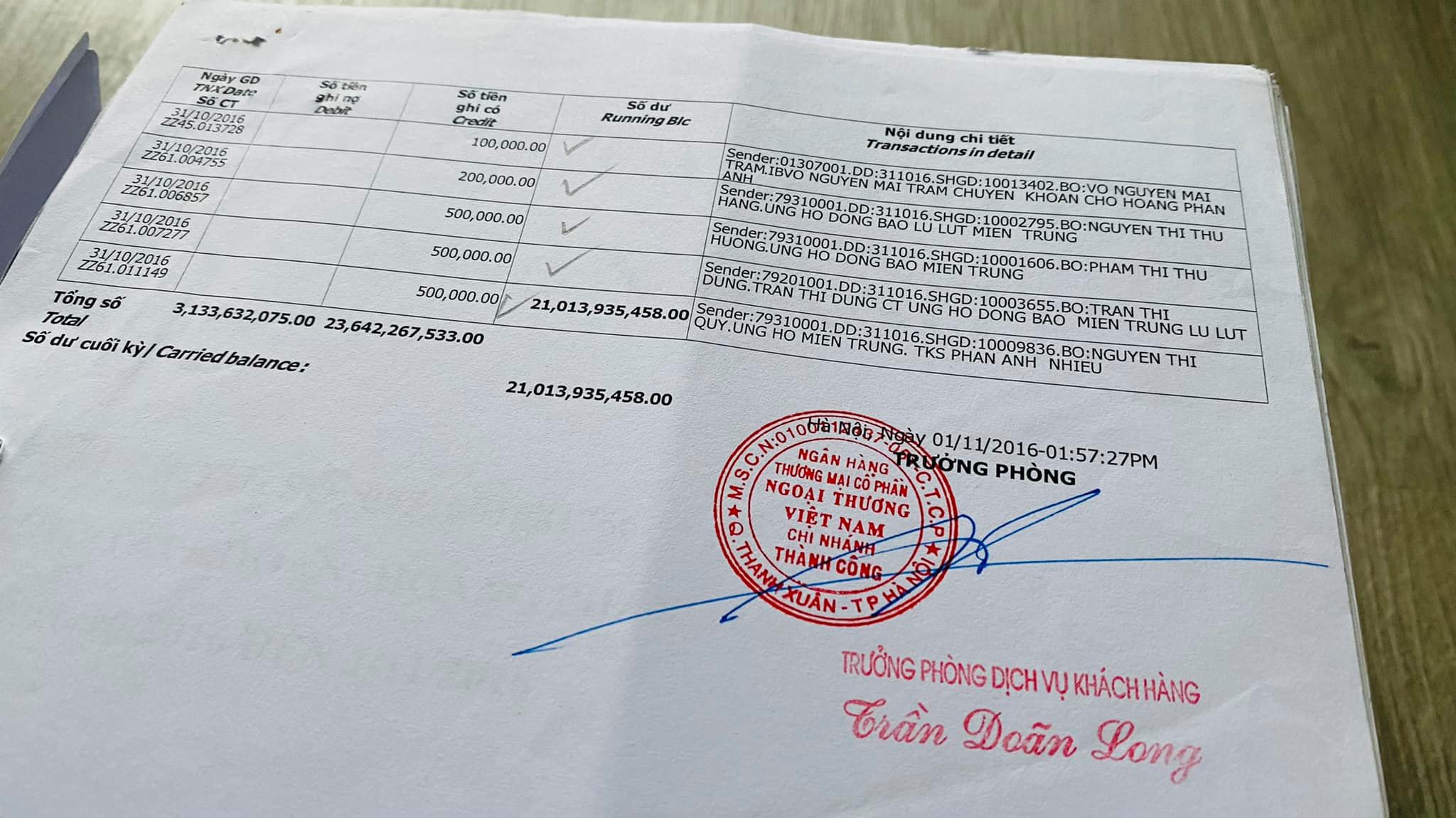 MC Phan Anh cung cấp giấy tờ chứng minh đã sao kê ngay thời điểm thông báo đóng tài khoản vào lúc 13h57 ngày 1/11/2016