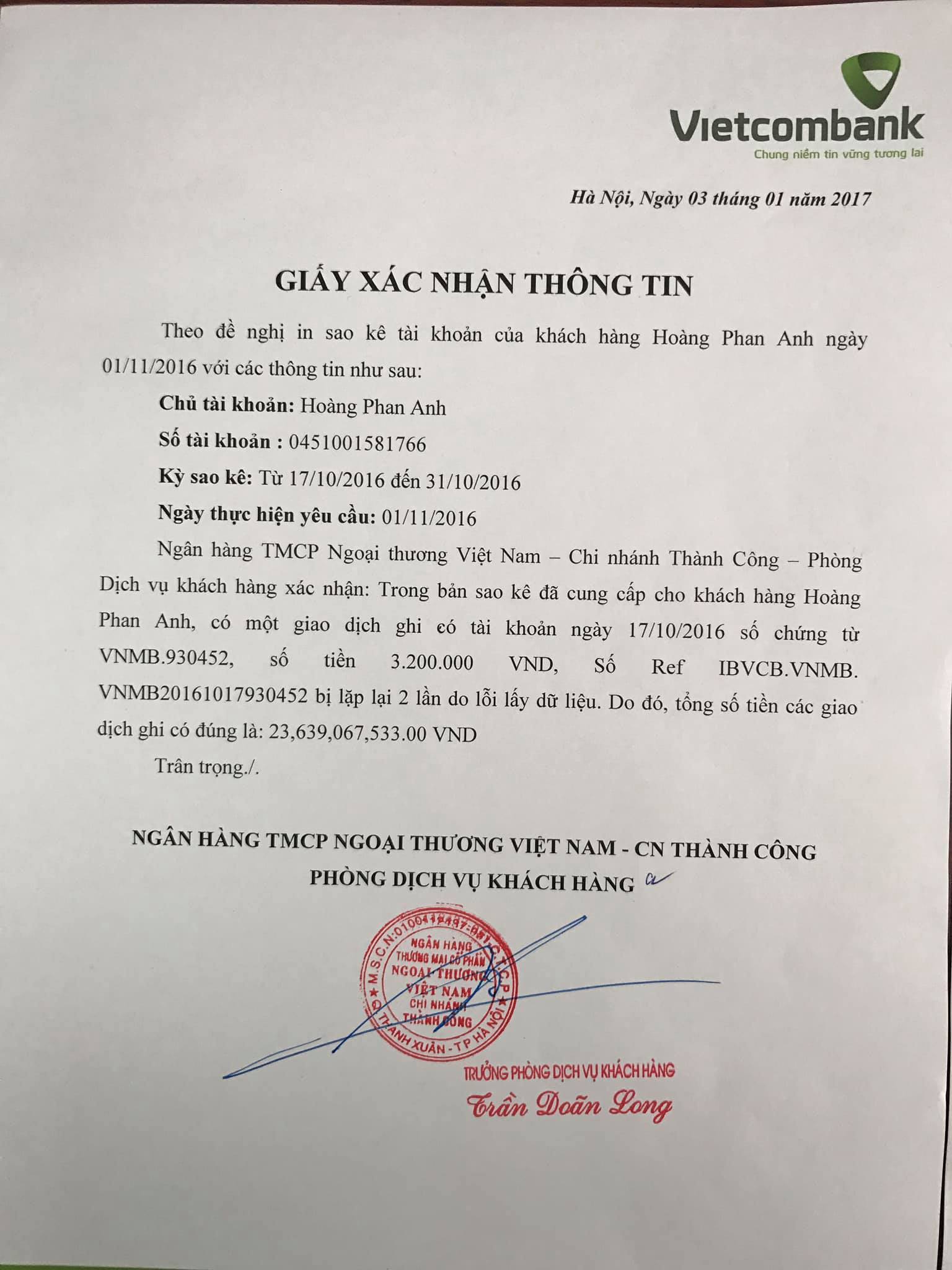 Giấy tờ xác nhận giao dịch từ ngân hàng được MC Phan Anh chia sẻ