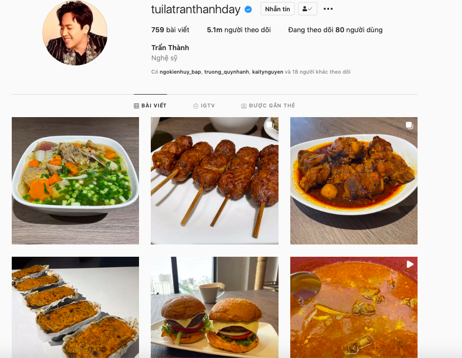 Instagram cá nhân của MC Trấn Thành chia sẻ ngập tràn hình đồ ăn