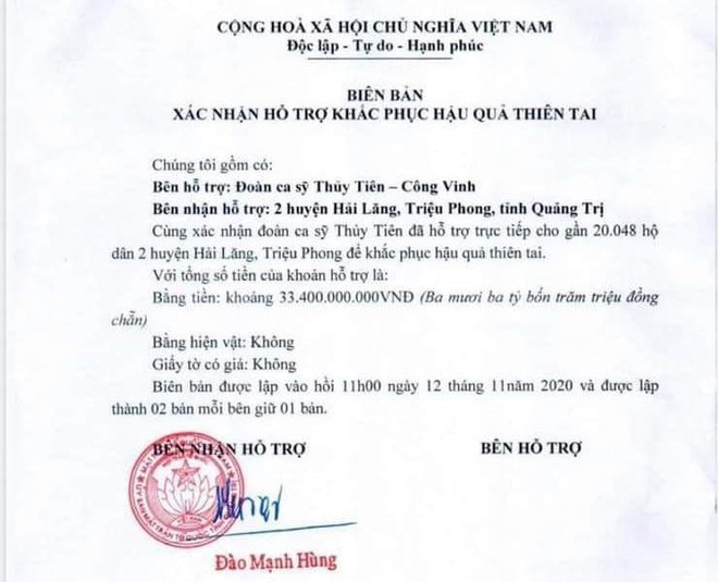 Biên bản xác nhận ca sĩ Thuỷ Tiên tra 'khoảng 33,4 tỷ đồng' cho người dân tại tỉnh Quảng Trị