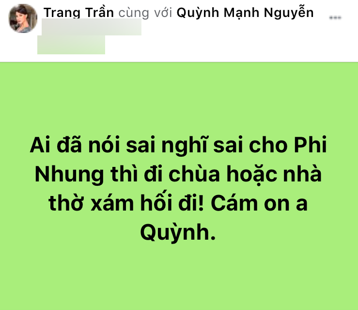 Trang Trần: Ai nói sai, nghĩ sai cho Phi Nhung thì đi chùa, đi nhà thờ sám hối đi