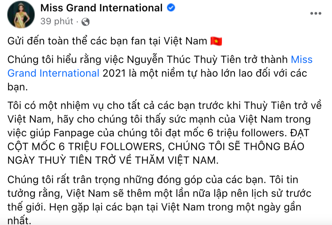 'Thử thách' mà Miss Grand International dành cho người hâm mộ Việt Nam