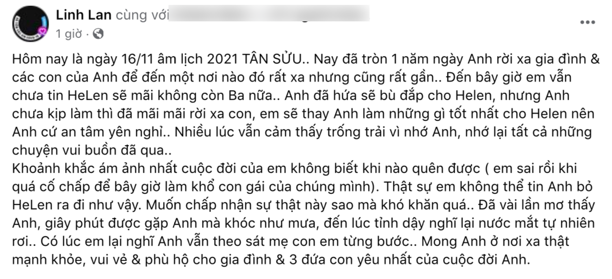 Vợ hai làm lễ giỗ đầu cho cố ca sĩ Vân Quang Long, chưa thể chấp nhận việc chồng đã ra đi Những dòng tâm sự của Linh Lan dành cho người chồng quá cố