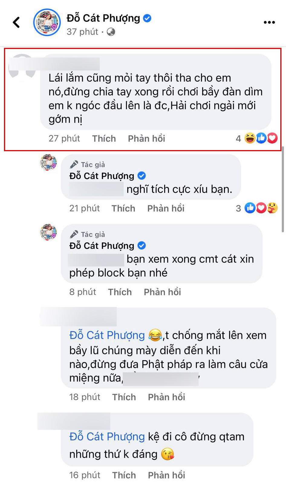 Cát Phượng chia sẻ đã chia tay Kiều Minh Tuấn được 1 năm? Một cư dân mạng để lại ý kiến tiêu cực bên dưới bài đăng của Cát Phượng và nữ nghệ sĩ đã trả lời rất nhẹ nhàng