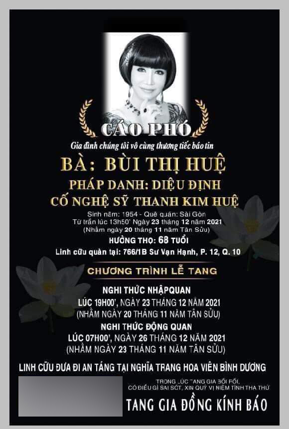 Cáo phó cho tang lễ cố NSUT Thanh Kim Huệ