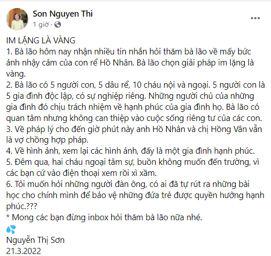 Bài viết lên tiếng về ồn ào của con rể từ bà Nguyễn Thị Sơn