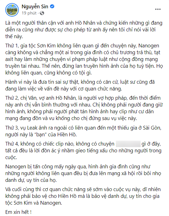 Nguyễn Sin khẳng định ảnh nhạy cảm của Hiền Hồ do bạn đăng tải, không phải vợ CEO Hồ Nhân