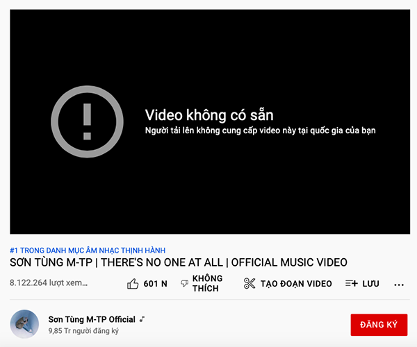 Sơn Tùng M-TP gỡ hoàn toàn MV khỏi Youtube, không còn chỉ hạn chế người dùng từ Việt Nam