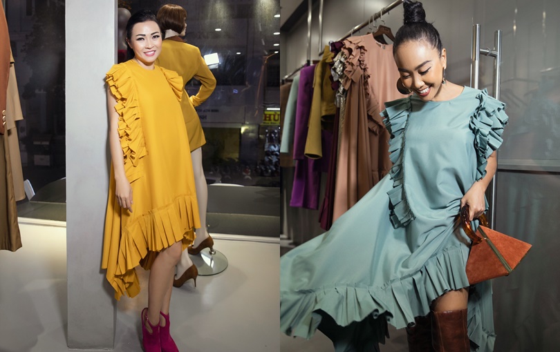 Không hẹn mà gặp, ca sĩ Phương Thanh và Đoan Trang đều chọn chung một mẫu váy form oversize với những đường xếp ly khác lạ
