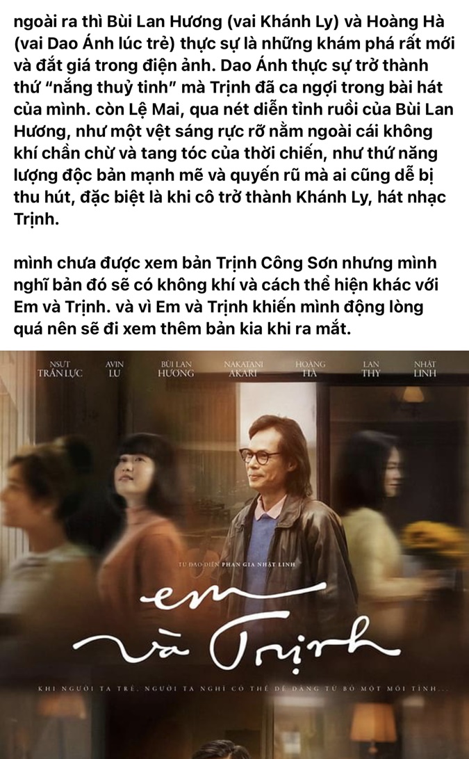 Bùi Lan Hương nhận cơn mưa lời khen diễn xuất sau 2 buổi công chiếu Em và Trịnh & Trịnh Công Sơn