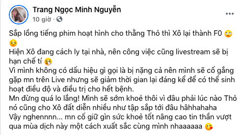 Vợ cũ Vinh Râu, Lương Minh Trang cách ly tại nhà vì  nhiễm Covid-19 - ảnh 1