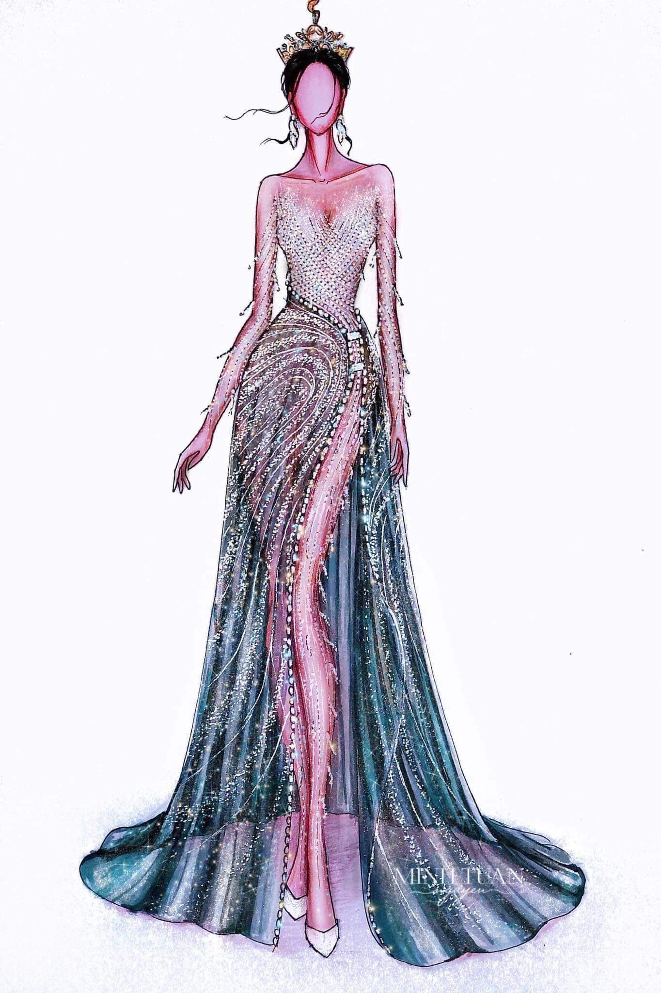 Evening gown Bán kết MGI của Thùy Tiên: Tà rũ, xẻ cao và lấy cảm hứng từ dải ngân hà - ảnh 1