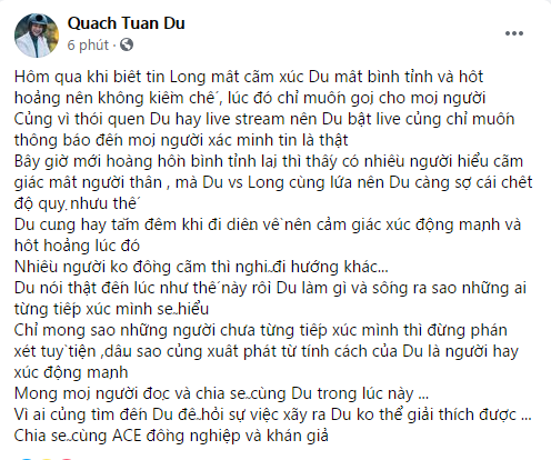 Quách Tuấn Du giải thích lý do vì sao chọn livestream để thông báo tin buồn của bạn