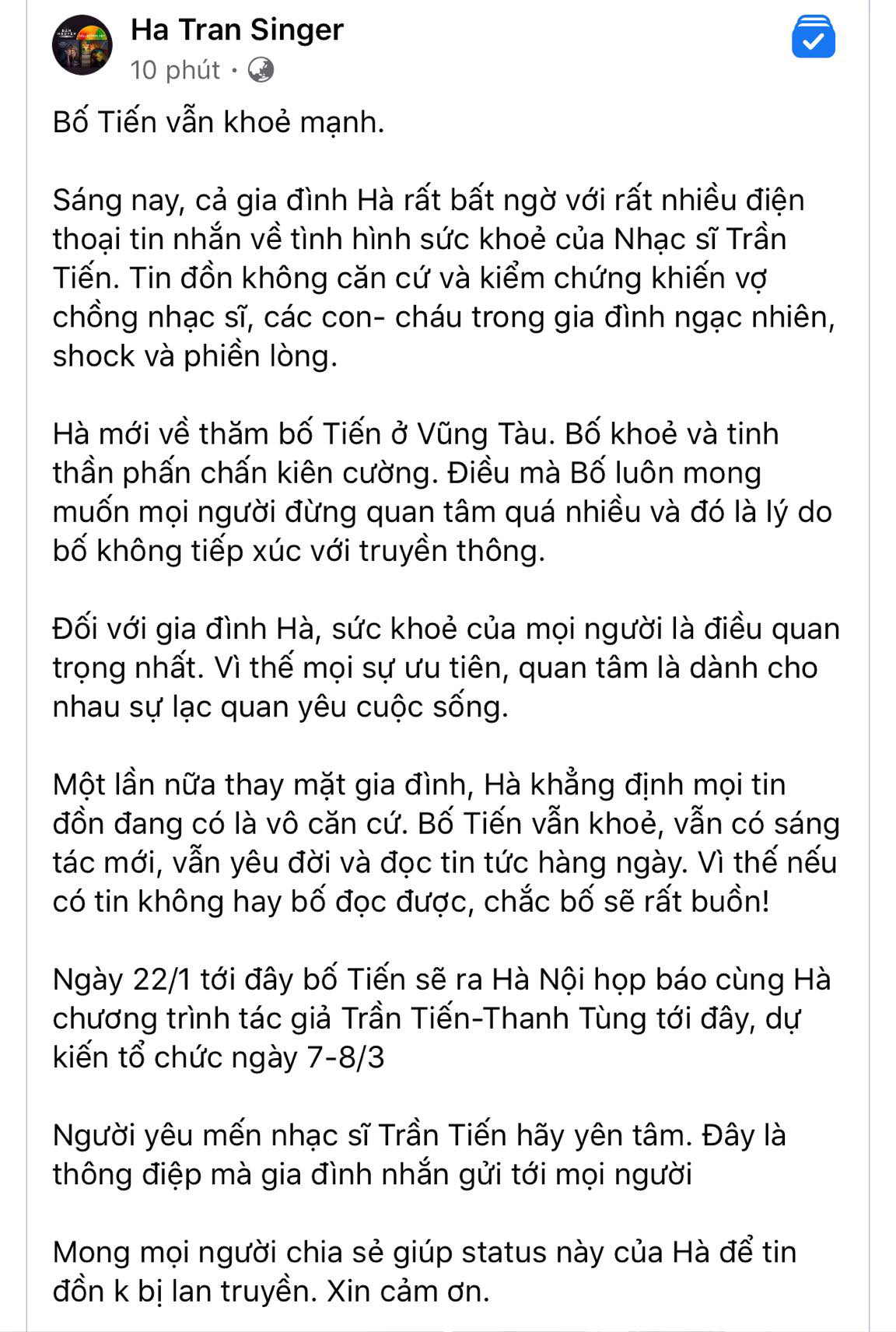 Con gái nhạc sĩ Trần Tiến lên tiếng: Bố Tiến vẫn khỏe mạnh, vẫn có sáng tác mới, vẫn yêu đời.