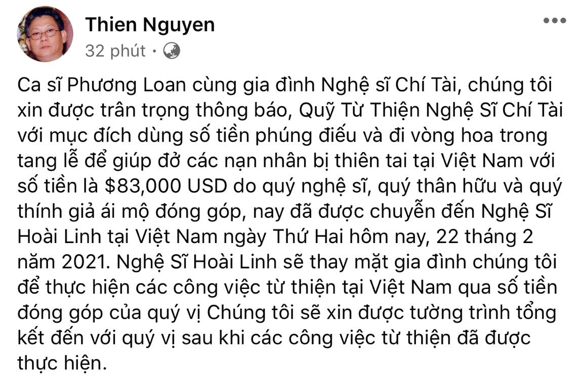 Em trai cố nghệ sĩ Chí Tài thay mặt gia đình thông báo đã chuyển tiền về Việt Nam cho NS Hoài Linh