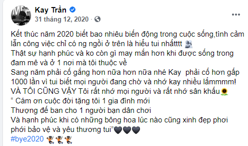 Bài đăng mới nhất của Kay Trần trên Facebook là cuối tháng 12 năm ngoái.