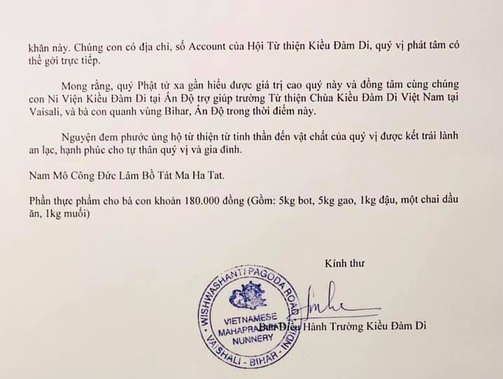 Toàn văn bức thư nhờ hỗ trợ từ Ni viện Kiều Đàm Di tại bang Bihar của Ấn Độ gửi cho MC Đại Nghĩa. Đây là Ni viện của người Việt đặt tại Ấn Độ.