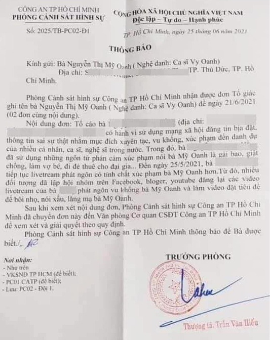 Vy Oanh gửi đơn kiện bà Phương Hằng vì tội vu khống, bịa đặt thông tin sai sự thật về cô.