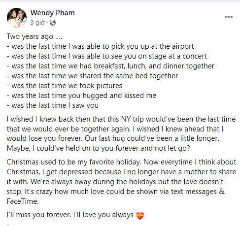 Tâm thư xúc động của Wendy khi nghĩ về mẹ Phi Nhung.