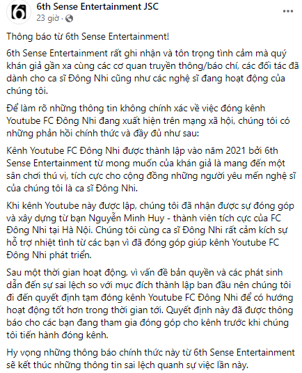 Công ty giải trí của Đông Nhi có động thái tránh cơn bão dư luận sau bức tâm thư trách móc fan Bài viết trên trang công ty giải trí của Đông Nhi thông báo về việc đóng kênh Youtube FC Đông Nhi.