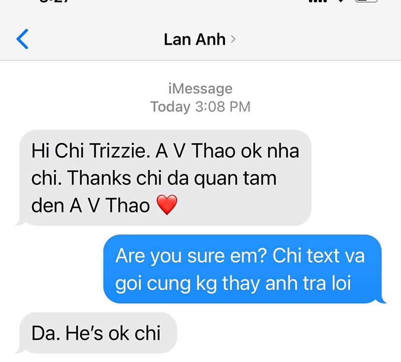 Tin nhắn giữa ca sĩ Trizzie Phương Trinh và vợ của MC Việt Thảo xác nhận nam MC vẫn khỏe mạnh