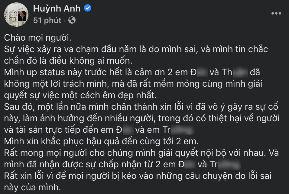 Nam diễn viên Huỳnh Anh đăng bài viết xin lỗi sau khi xoá bài viết bức xúc trước đó và thông báo đã liên hệ giải quyết êm xuôi mọi việc với phía nạn nhân