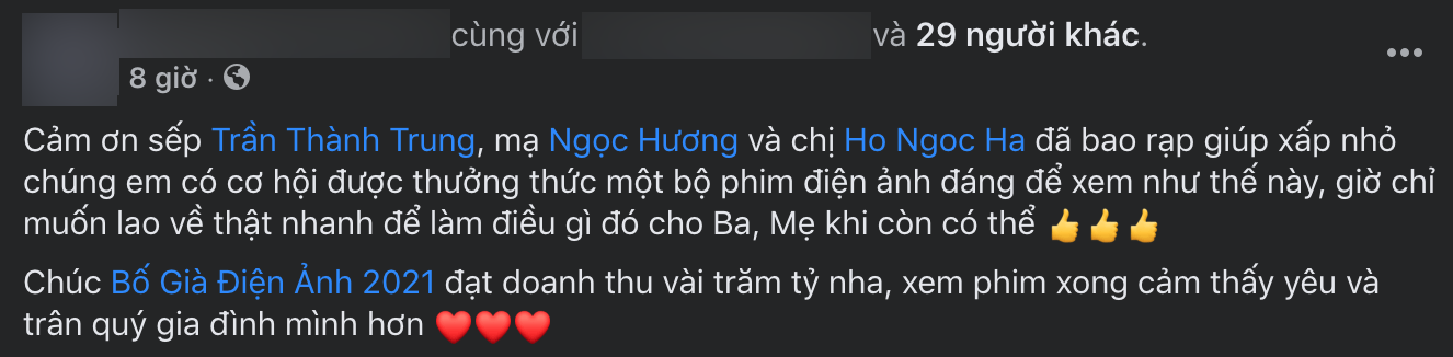 Đại gia như Hồ Ngọc Hà: Bao cả rap để nhân viên đi xem phim, bất ngờ Trấn Thành xuất hiện giao lưu Theo chia sẻ từ người trong cuộc, Hồ Ngọc Hà đã bao toàn bộ vé suất chiếu sớm Bố già cho nhân viên của mình đến rạp thưởng thức