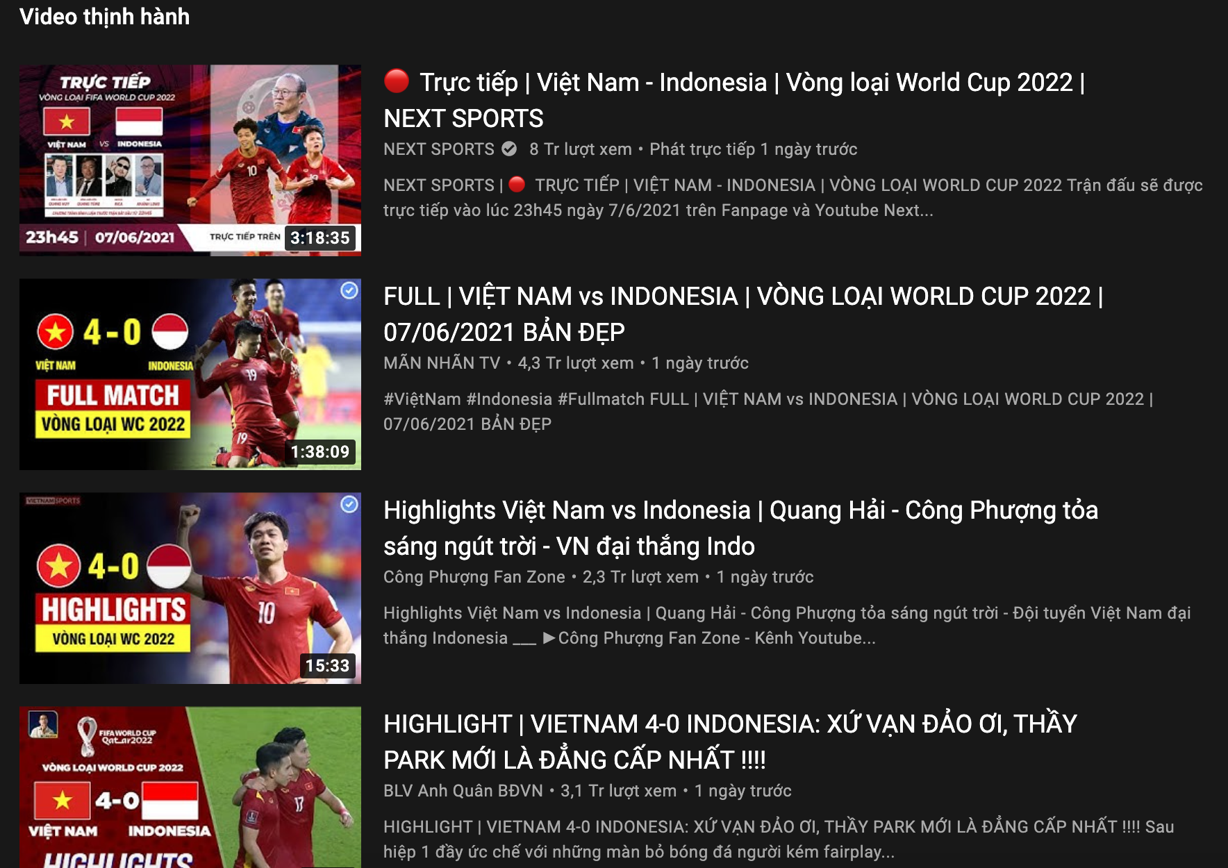 Trên BXH thịnh hành của Youtube Việt Nam, nhiều video bóng đá đang giữ vị trí đầu bảng với số lượt truy cập xem vô cùng ấn tượng