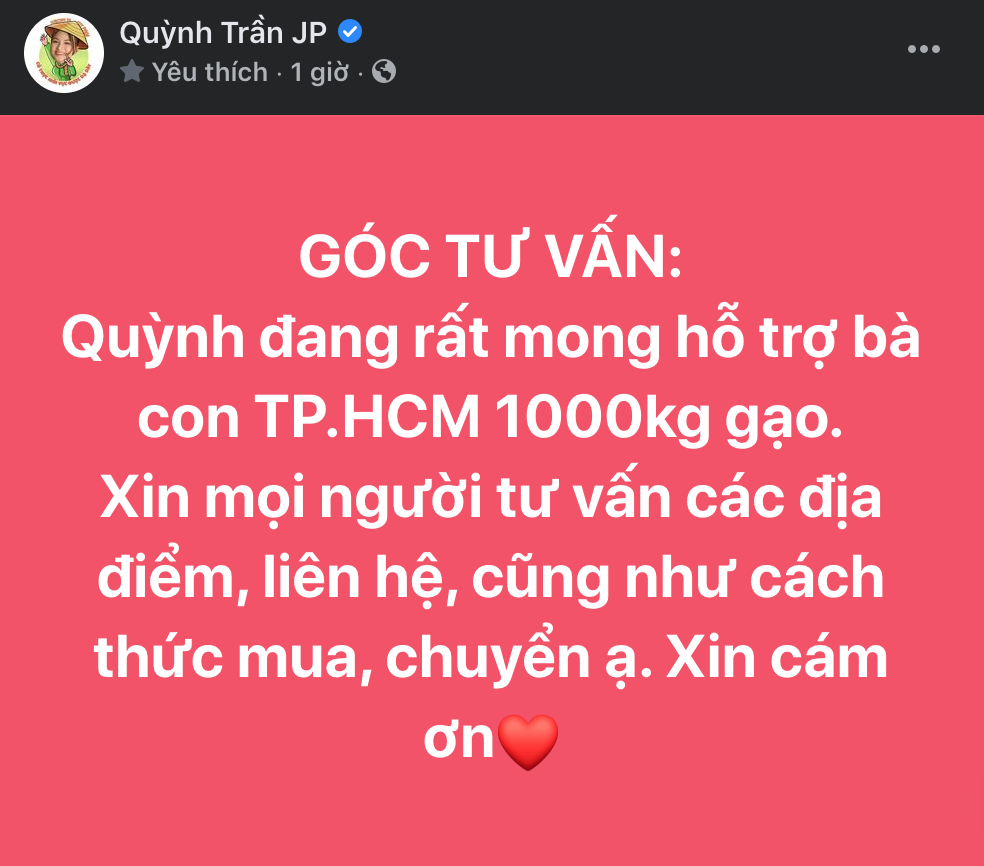 Quỳnh Trần JP ủng hộ 1000 kg gạo cho bà con vùng dịch ở TP.HCM