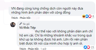 Vũ Khắc Tiệp nhẹ nhàng đáp trả antifan khi bị soi mói đăng ảnh phản diện trong khi cả nước chống dịch Màn đáp trả thẳng thắn của Vũ Khắc Tiệp với antifan bên dưới bài đăng