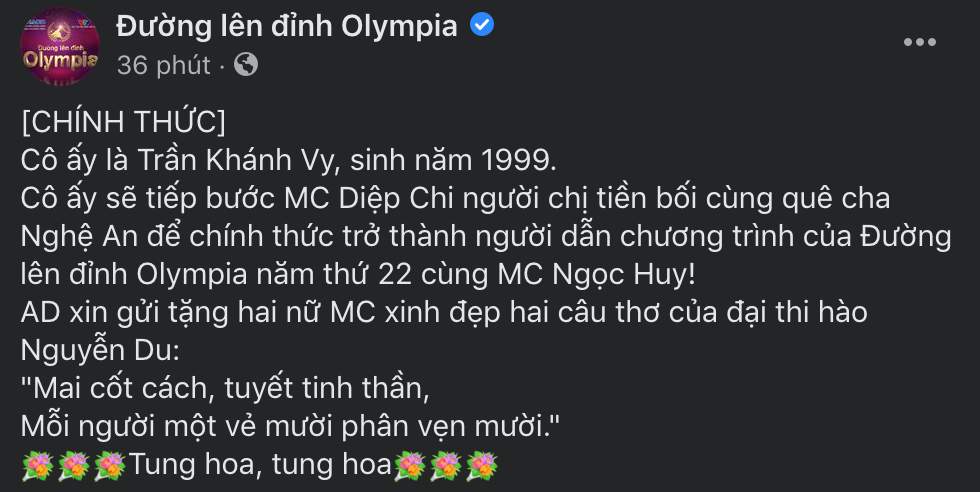 CHÍNH THỨC: MC Diệp Chi rời Đường lên đỉnh Olympia sau 14 năm, 'hotgirl 7 thứ tiếng' Khánh Vy thay thế - ảnh 1