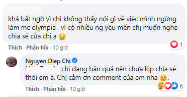 MC Nguyễn Diệp Chi trả lời khán giả và hứa hẹn chia sẻ lý do rời Đường lên đỉnh Olympia trong thời gian tới.
